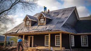 A homeowner reviewing roof warranty paperwork at a kitchen table with roofing materials samples nearby.