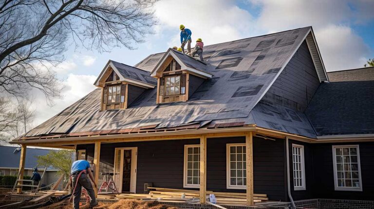 A homeowner reviewing roof warranty paperwork at a kitchen table with roofing materials samples nearby.